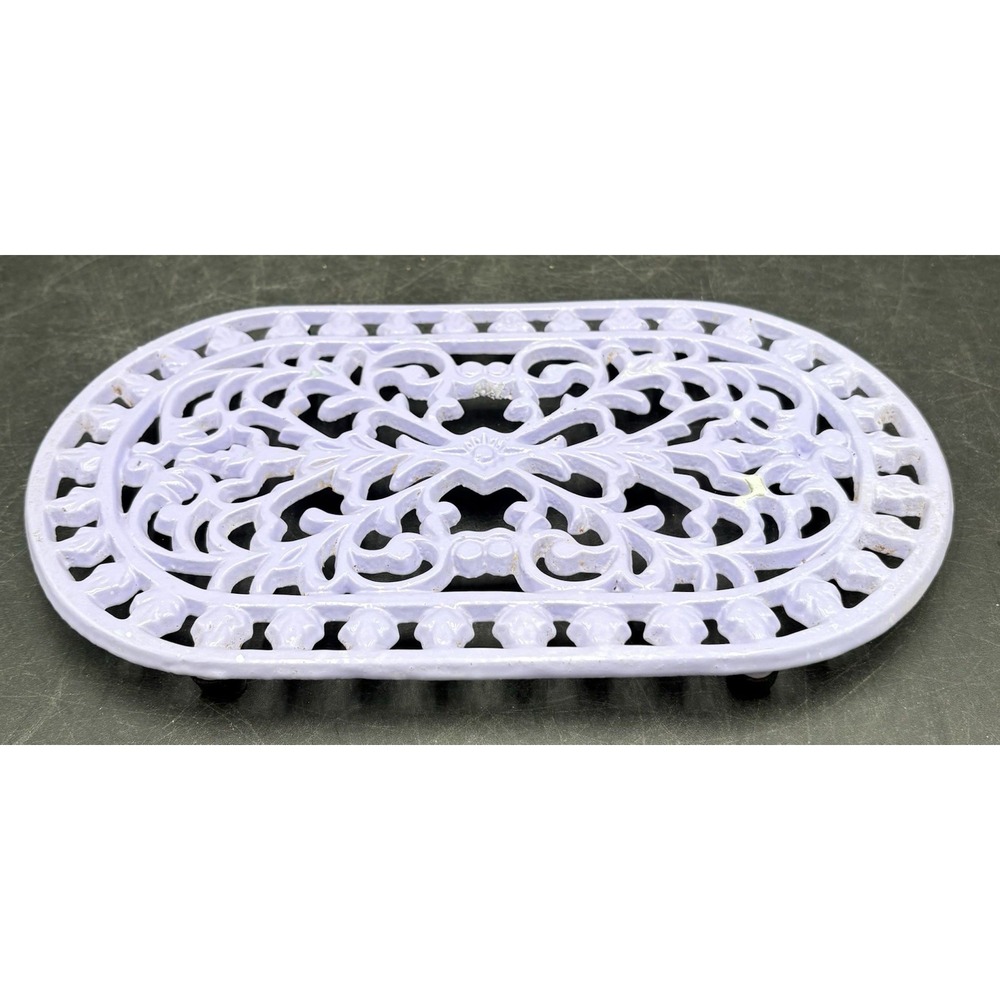 Vintage 1970s Lavender Purple Cast Iron Oval Trivet 9.5" Decorative Scrollwork